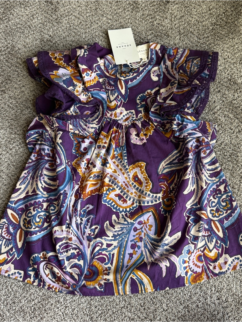 Sezane Blouse Florencina Purple Paisley Ruffle Sleeve Blouse